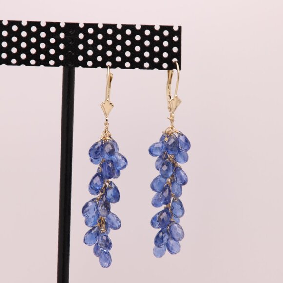 Blue Grape Vine Dangle Earrings 14K Gold Brilliant Kyanite Blue Gemstone - Picture 7 of 7